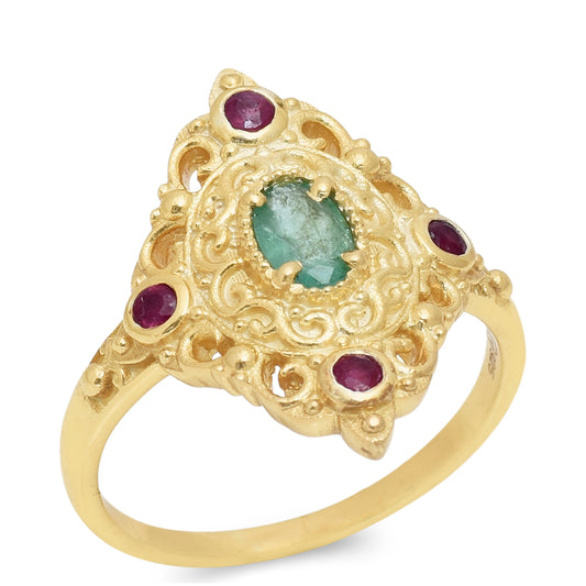 Anel de Prata com Banho de Ouro com Rubi de Madagáscar e Esmeralda do Brasil  Contraste: Cabeca de Veado (800)