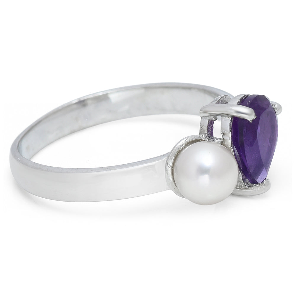 Anel de Prata com Ametista de Marrocos e Pérola de Água Doce Branca 3 