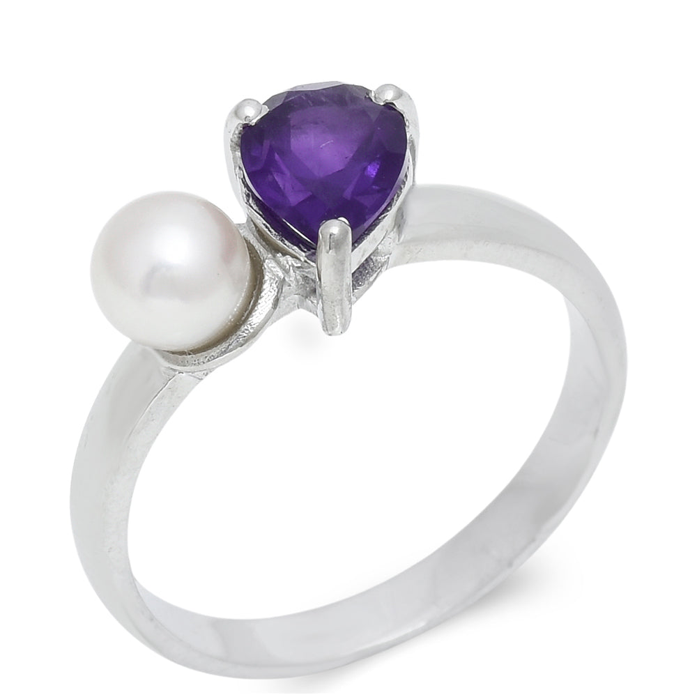 Anel de Prata com Ametista de Marrocos e Pérola de Água Doce Branca 1 