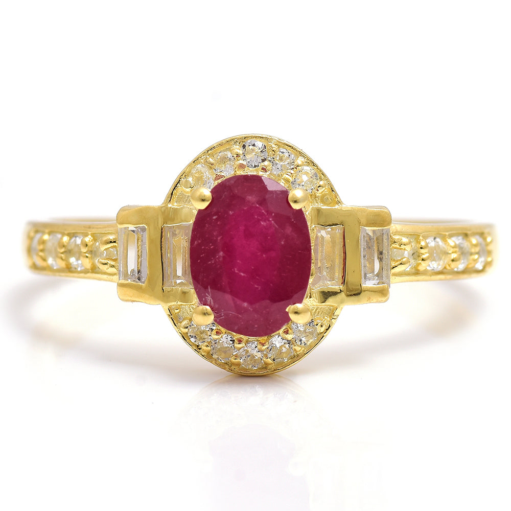 Anel de Prata com Banho de Ouro com Rubi de Madagáscar e Topázio Branco