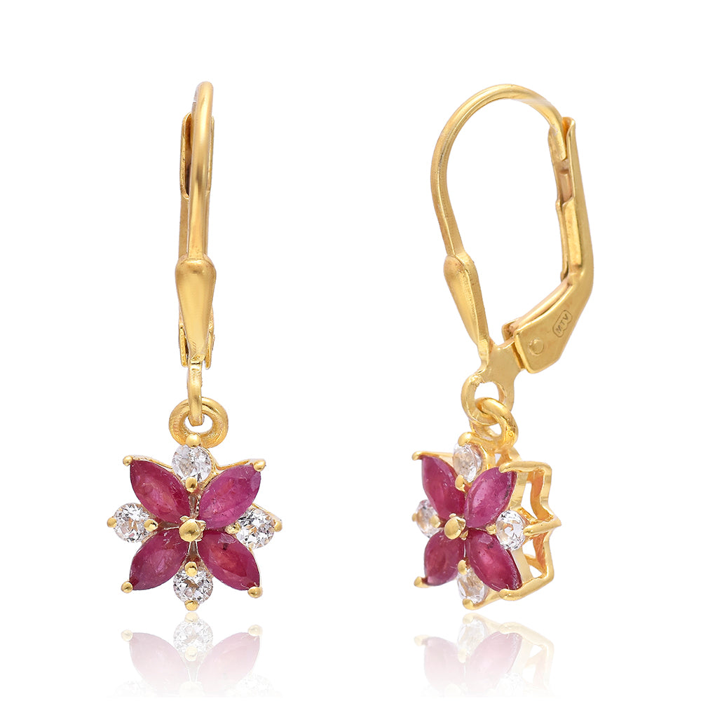 Brincos de Prata com Banho de Ouro com Rubi de Madagáscar e Topázio Branco