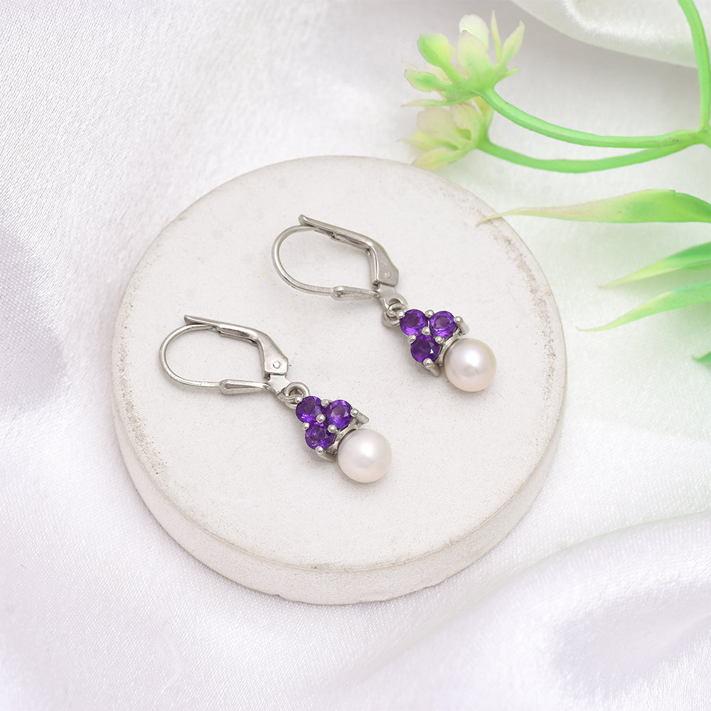 Brincos de Prata com Ametista de Marrocos e Pérola de Água Doce Branca 1 