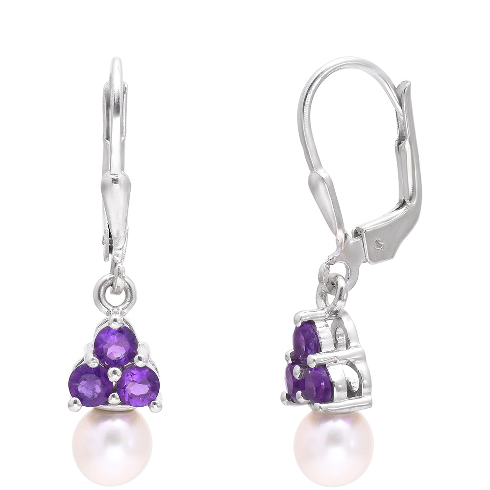 Brincos de Prata com Ametista de Marrocos e Pérola de Água Doce Branca 3 