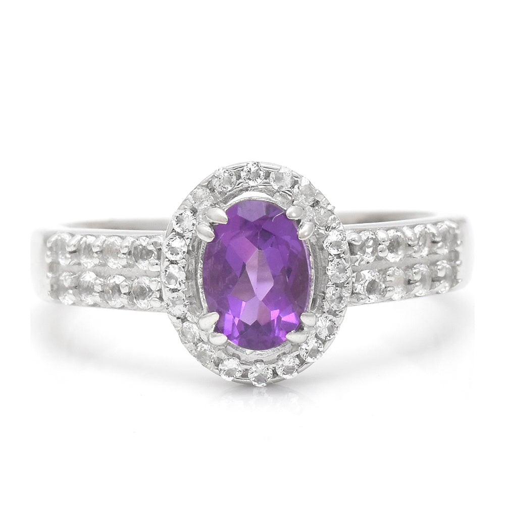 Anel de Prata com Ametista de Marrocos e Topázio Branco  Contraste: Cabeca de Veado (800)