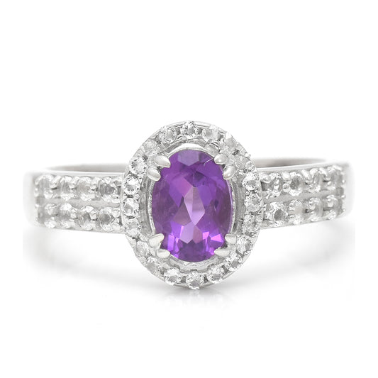 Anel de Prata com Ametista de Marrocos e Topázio Branco  Contraste: Cabeca de Veado (800)