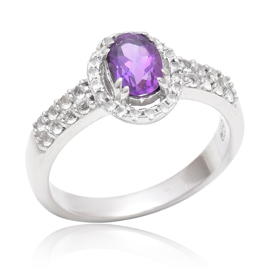 Anel de Prata com Ametista de Marrocos e Topázio Branco  Contraste: Cabeca de Veado (800)