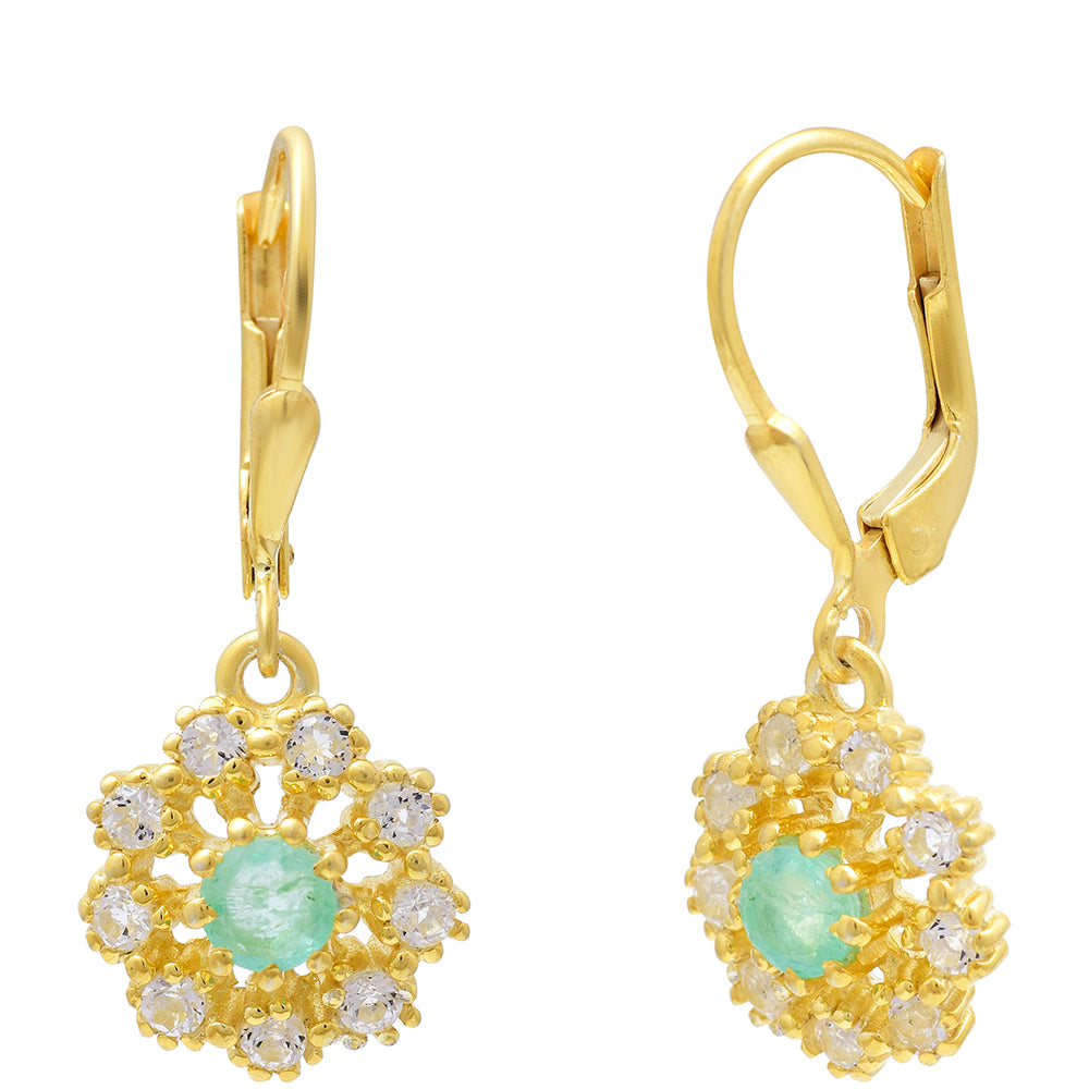 Brincos de Prata com Banho de Ouro com Esmeralda do Brasil e Topázio Branco 2 