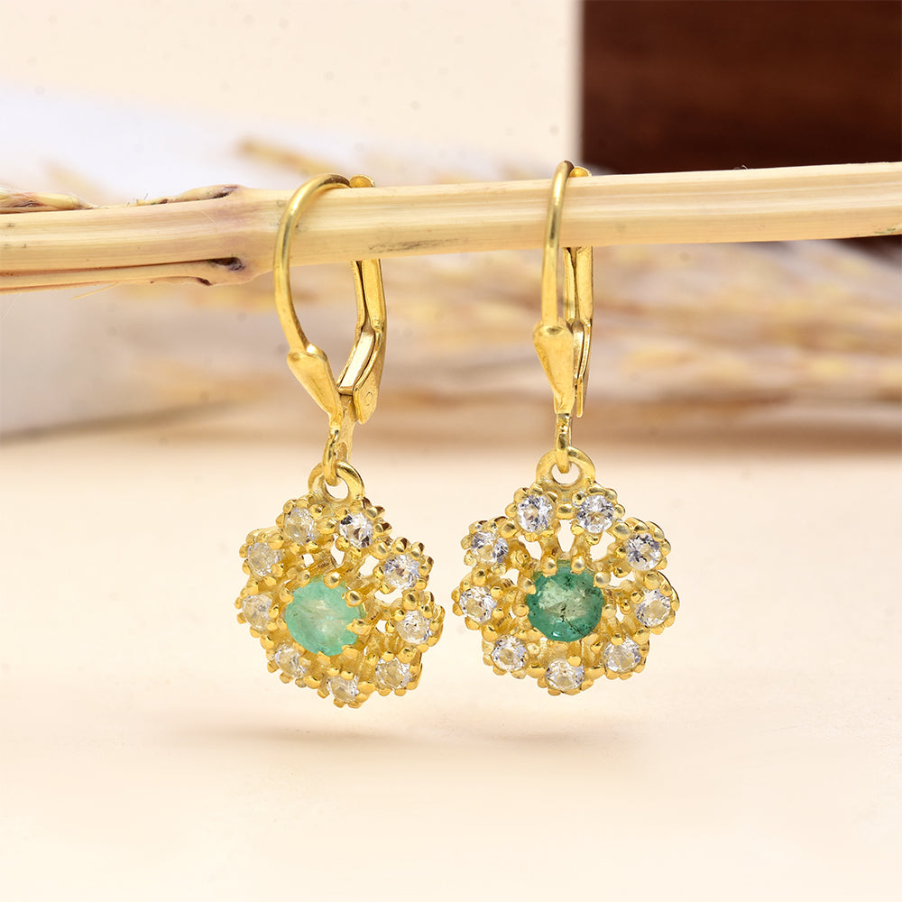 Brincos de Prata com Banho de Ouro com Esmeralda do Brasil e Topázio Branco 3 