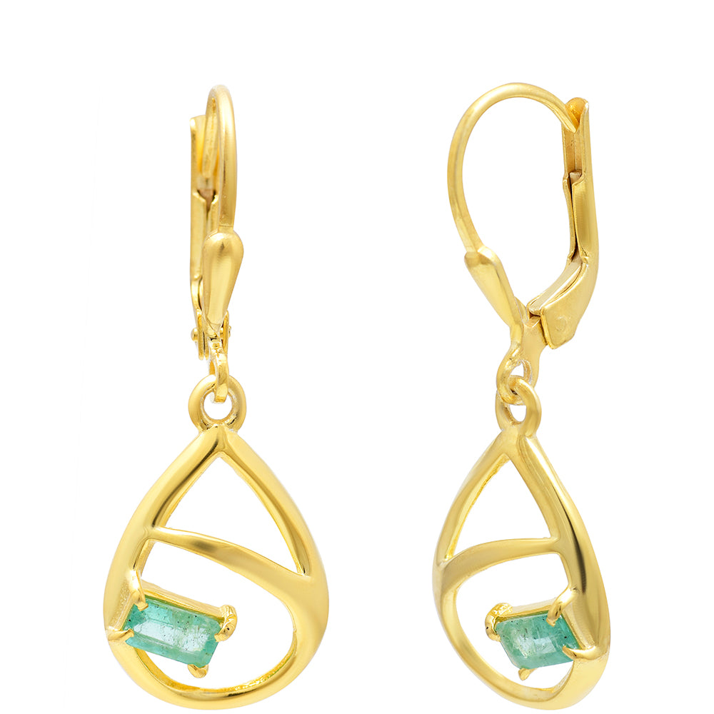 Brincos de Prata com Banho de Ouro com Esmeralda do Brasil