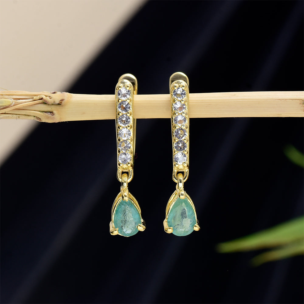 Brincos de Prata com Banho de Ouro com Esmeralda do Brasil e Topázio Branco 7 