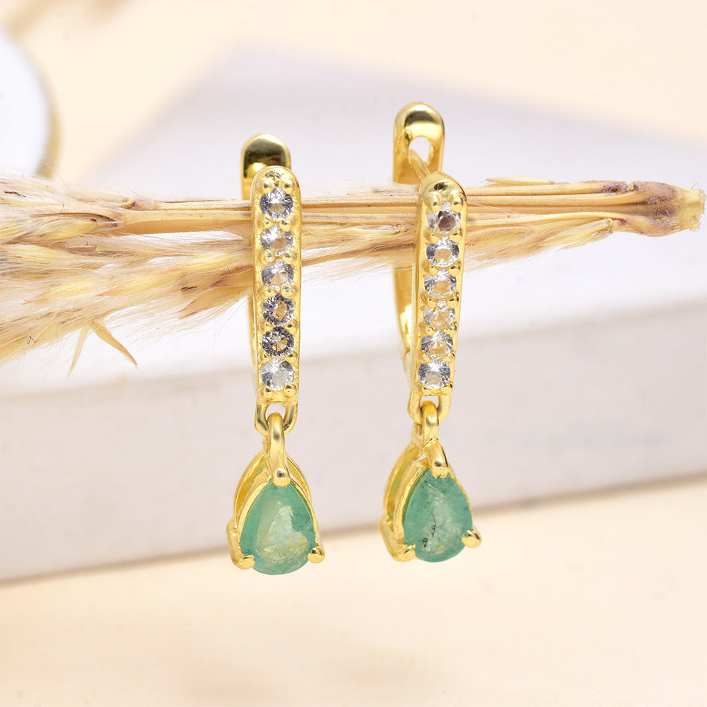 Brincos de Prata com Banho de Ouro com Esmeralda do Brasil e Topázio Branco 4 