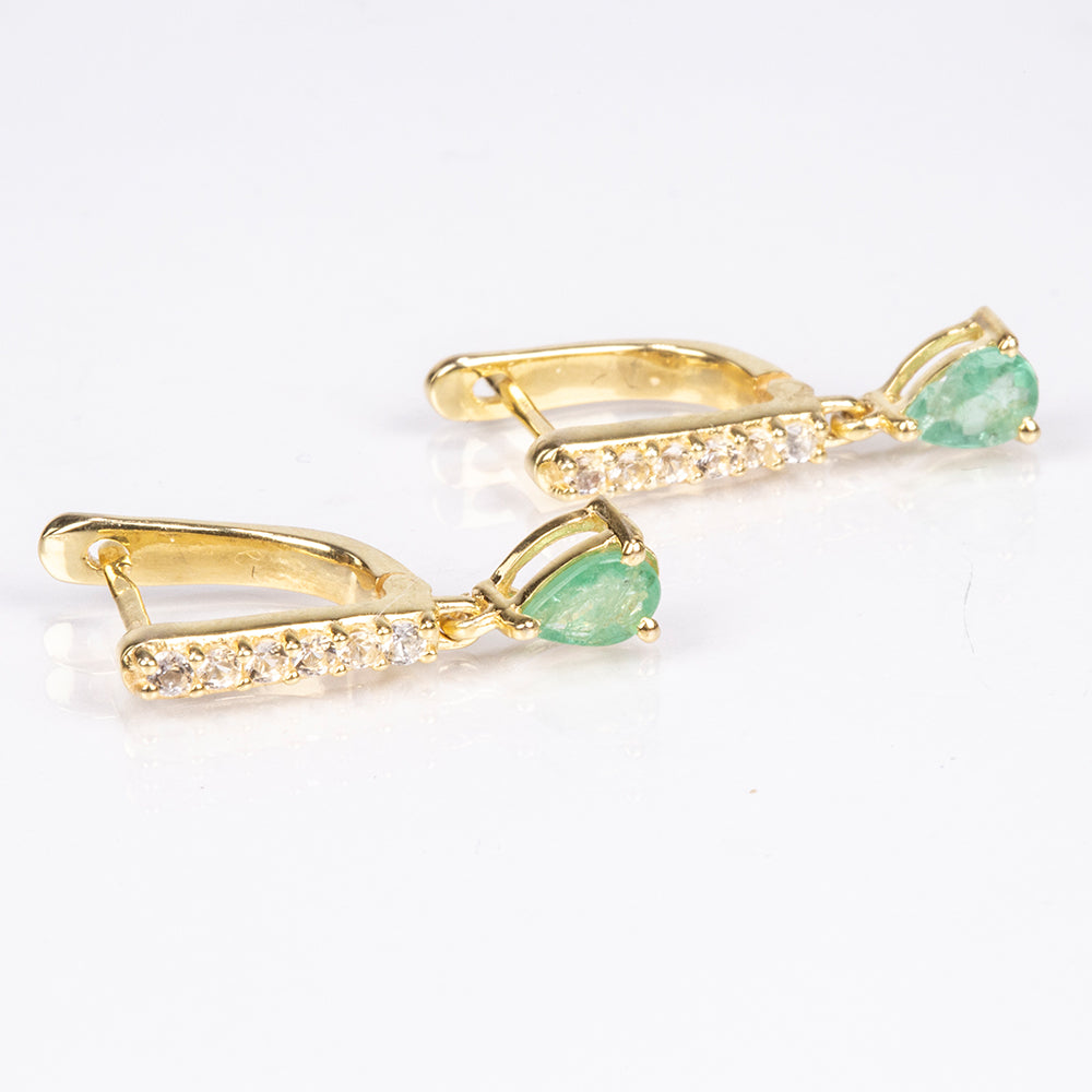 Brincos de Prata com Banho de Ouro com Esmeralda do Brasil e Topázio Branco 12 