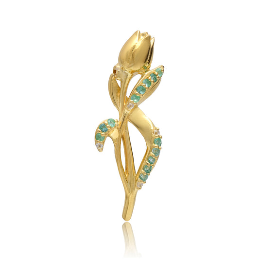 Alfinete de Prata com Banho de Ouro com Esmeralda do Brasil e Topázio Branco