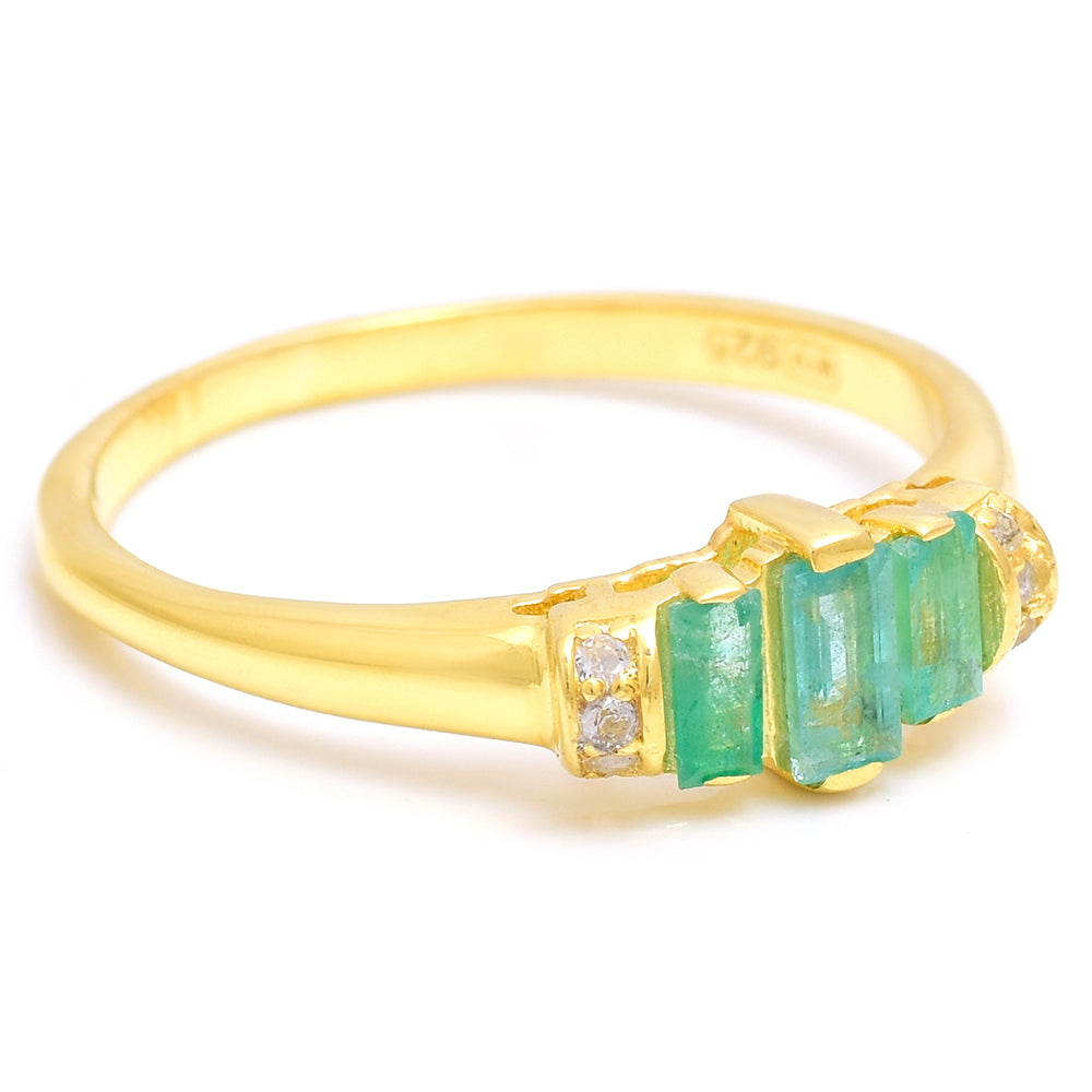 Anel de Prata com Banho de Ouro com Esmeralda do Brasil e Topázio Branco 6 