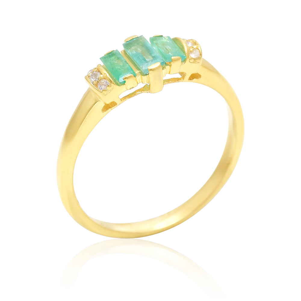 Anel de Prata com Banho de Ouro com Esmeralda do Brasil e Topázio Branco