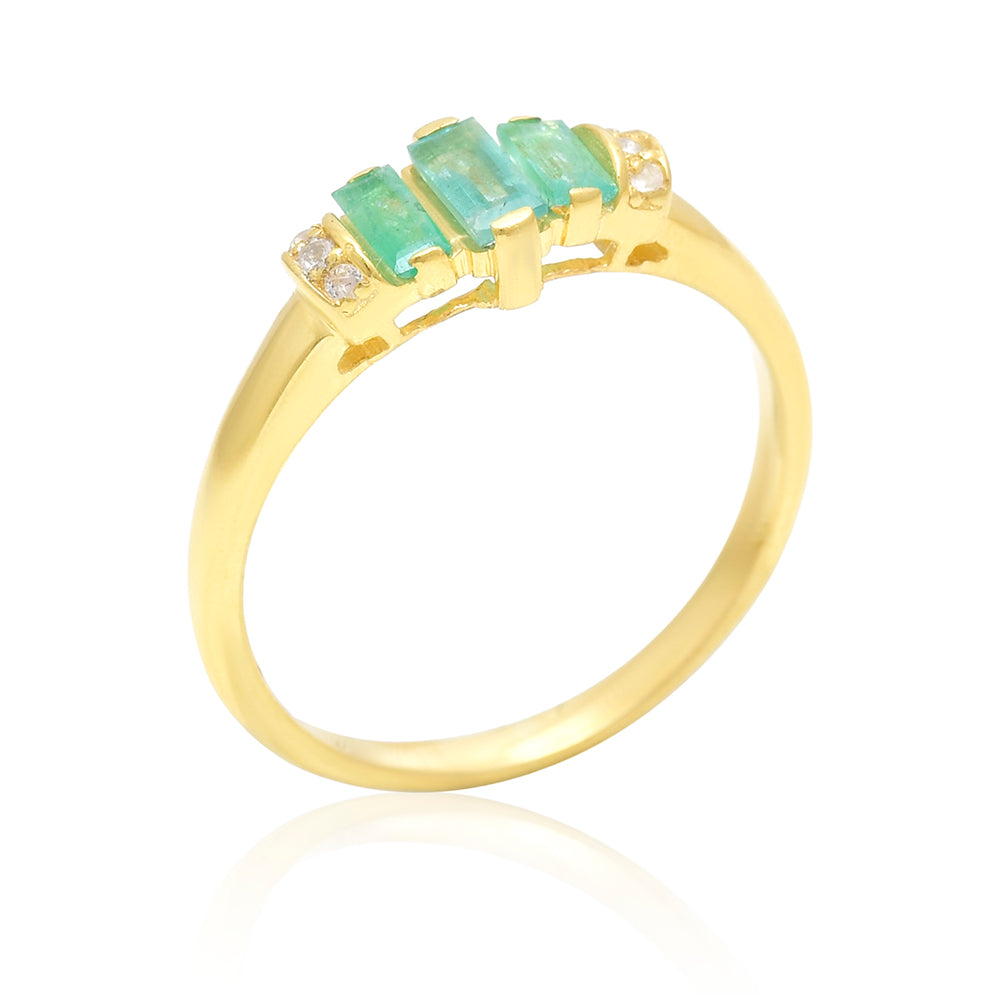 Anel de Prata com Banho de Ouro com Esmeralda do Brasil e Topázio Branco