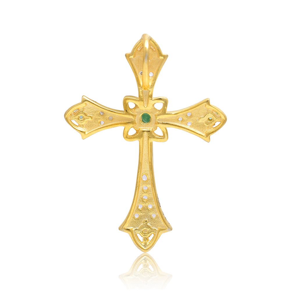Cruz Pendente de Prata com Banho de Ouro com Esmeralda do Brasil e Topázio Branco