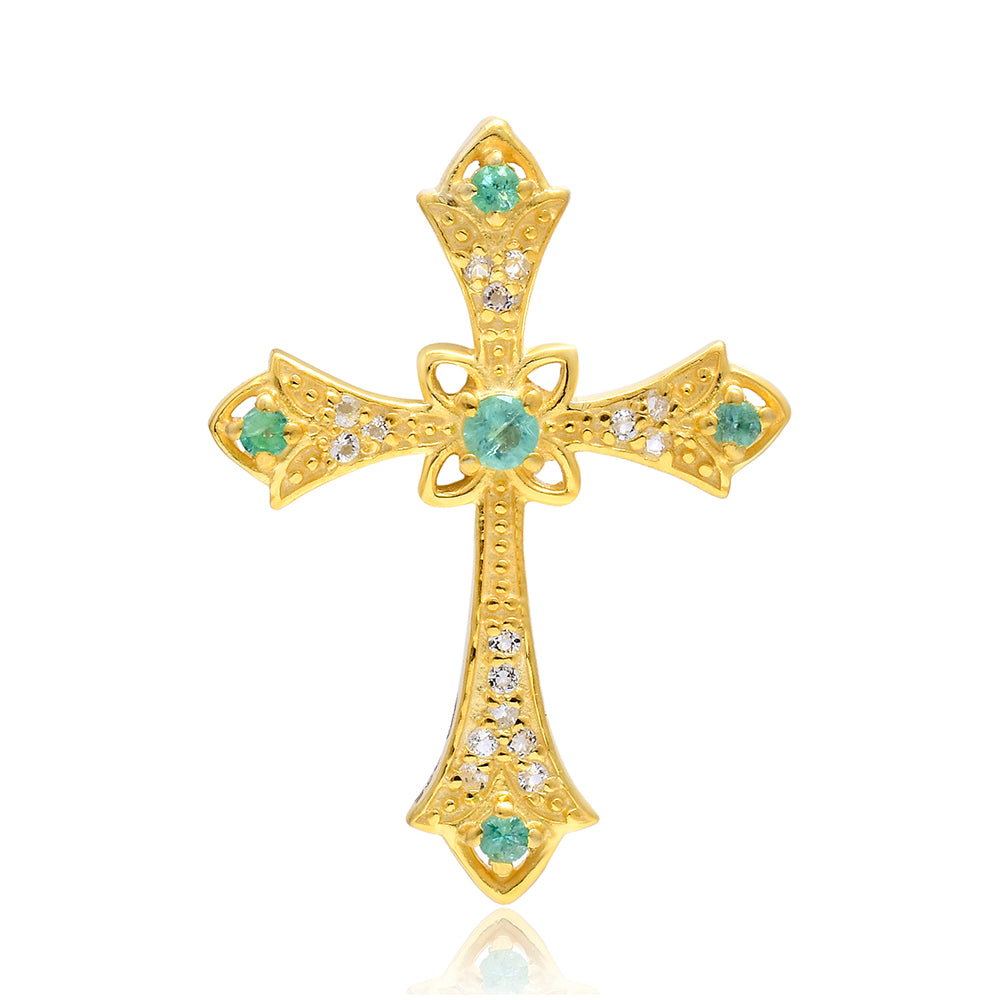 Cruz Pendente de Prata com Banho de Ouro com Esmeralda do Brasil e Topázio Branco 1 