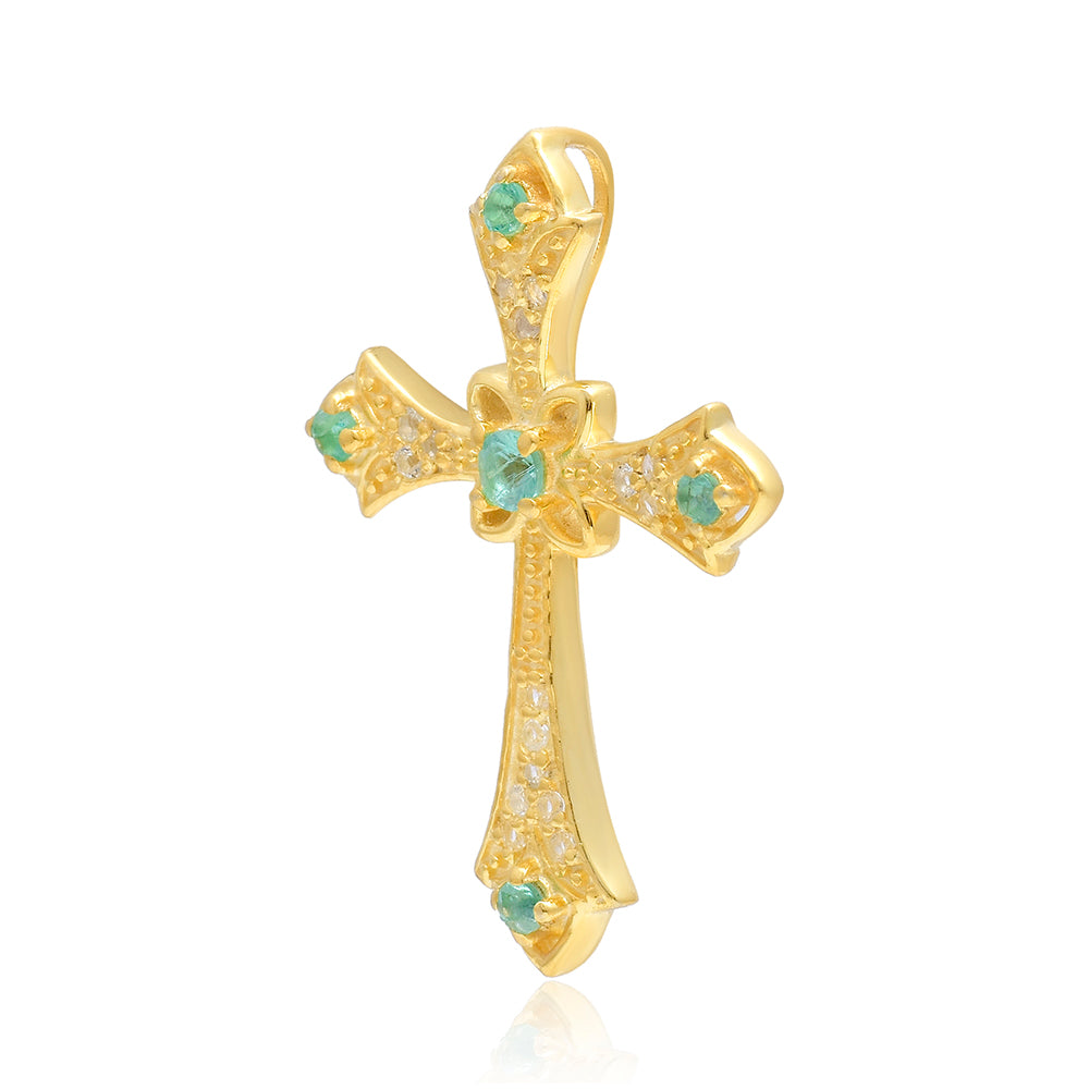Cruz Pendente de Prata com Banho de Ouro com Esmeralda do Brasil e Topázio Branco 3 