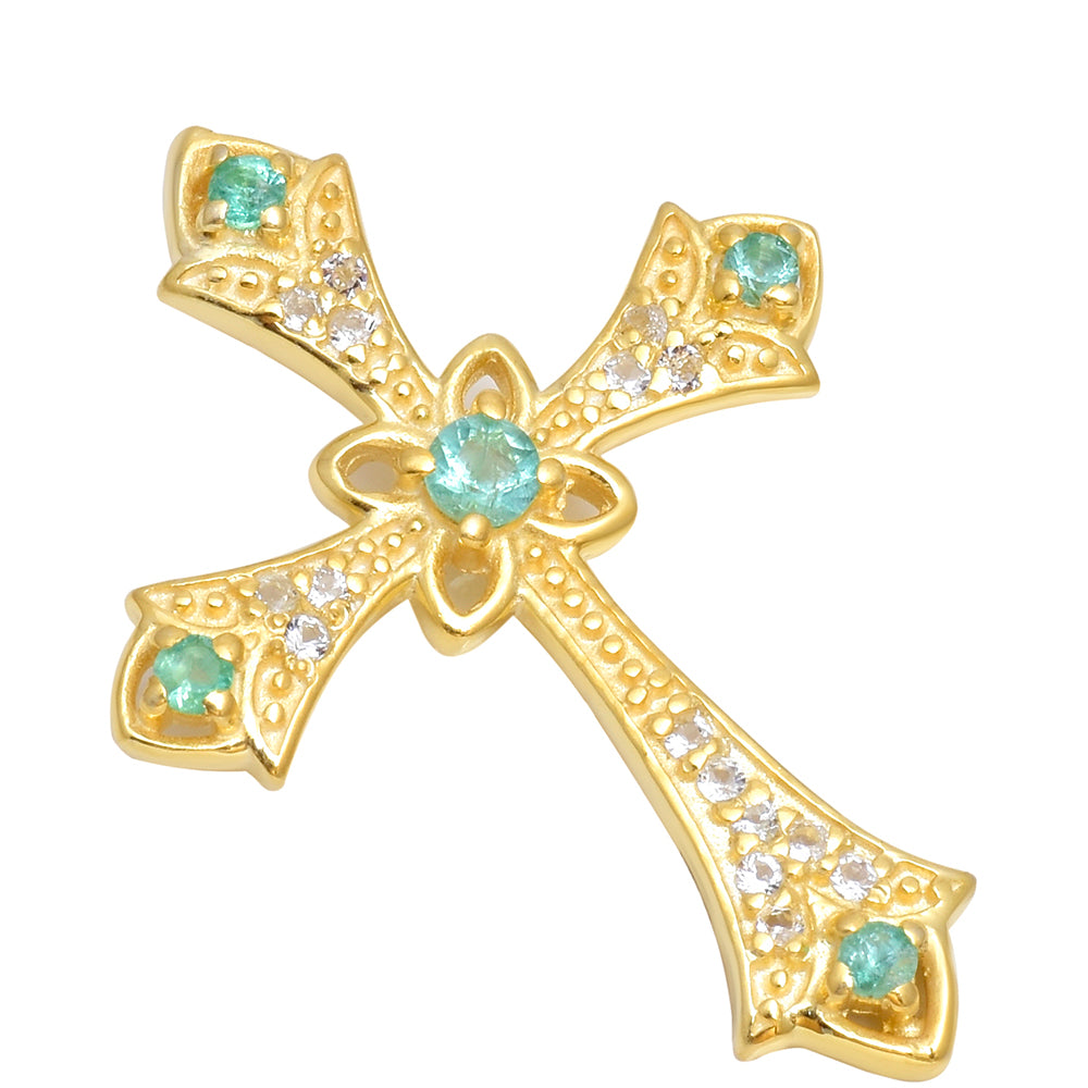 Cruz Pendente de Prata com Banho de Ouro com Esmeralda do Brasil e Topázio Branco 4 