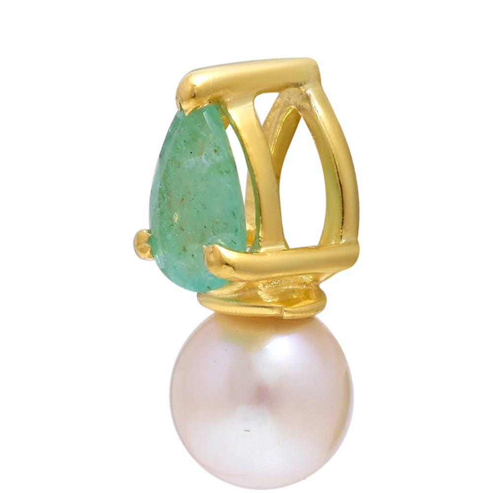 Pendente de Prata com Banho de Ouro com Esmeralda do Brasil e Pérola de Água Doce Branca 1 