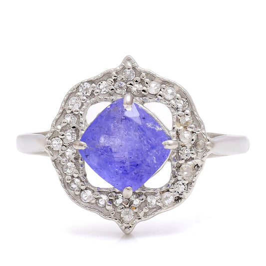 Anel de Prata com Tanzanite AAA e Topázio Branco  Contraste: Cabeca de Veado (800)