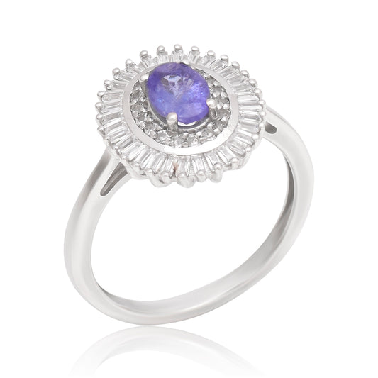 Anel de Prata com Tanzanite AAA e Topázio Branco  Contraste: Cabeca de Veado (800)