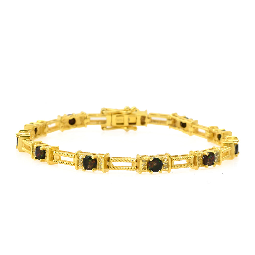 Pulseira de Prata com Banho de Ouro com Opala da Etiópia de Lega Dembi e Topázio Branco  Contraste: Cabeca de Veado (800) 1 