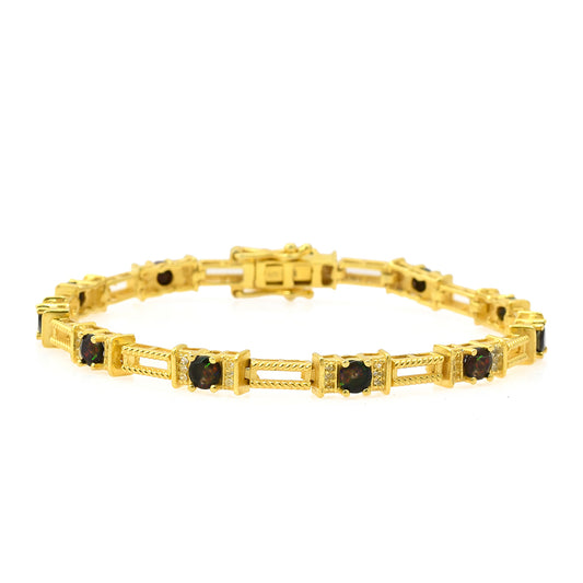 Pulseira de Prata com Banho de Ouro com Opala da Etiópia de Lega Dembi e Topázio Branco  Contraste: Cabeca de Veado (800)