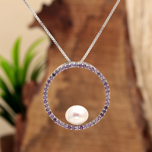 Pendente de Prata com Ametista do Brasil e Pérola de Água Doce Branca