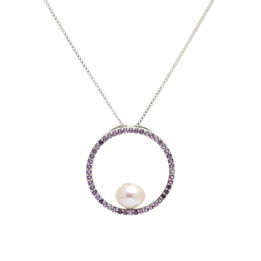 Pendente de Prata com Ametista do Brasil e Pérola de Água Doce Branca