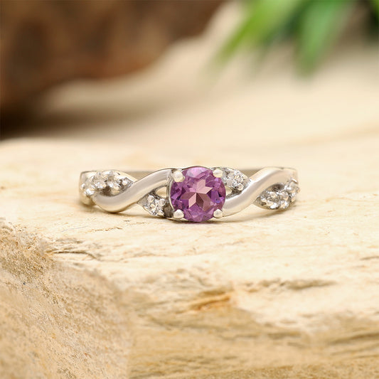 Anel de Prata com Topázio Branco e Ametista do Brasil