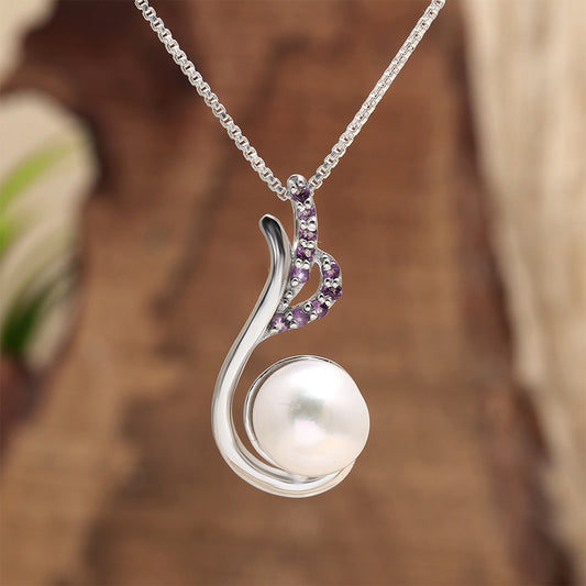 Pendente de Prata com Ametista do Brasil e Pérola de Água Doce Branca