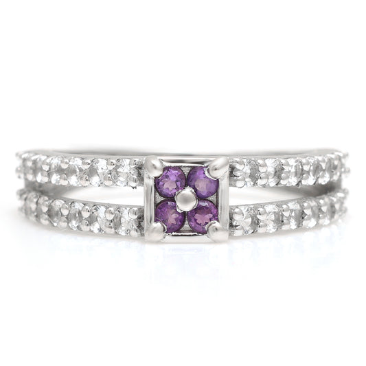 Anel de Prata com Ametista do Brasil e Topázio Branco