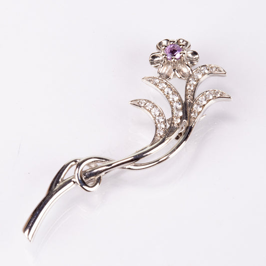 Alfinete de Prata com Ametista do Brasil e Topázio Branco  Contraste: Cabeca de Veado (800)