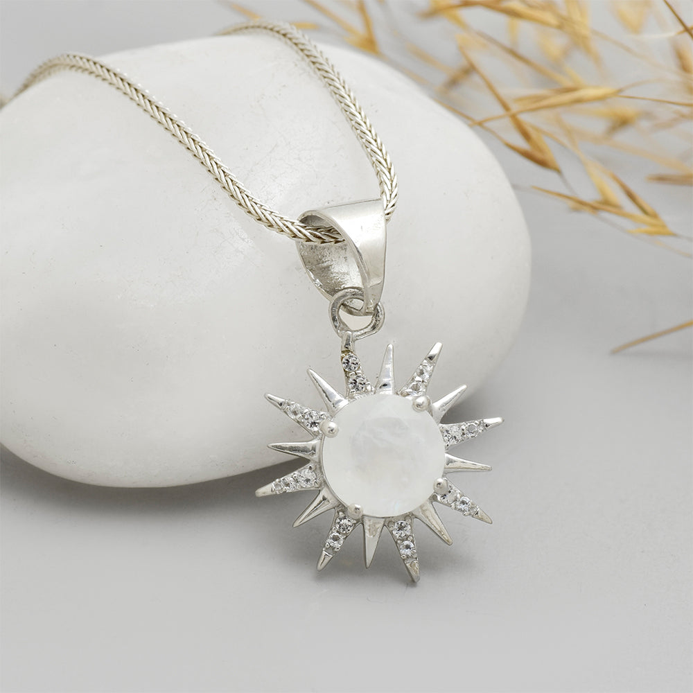 Pendente de Prata com Pedra da Lua Arco-íris e Topázio Branco