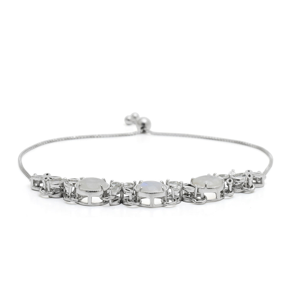 Pulseira de Prata com Pedra da Lua Arco-íris e Topázio Branco  Contraste: Cabeca de Veado (800)