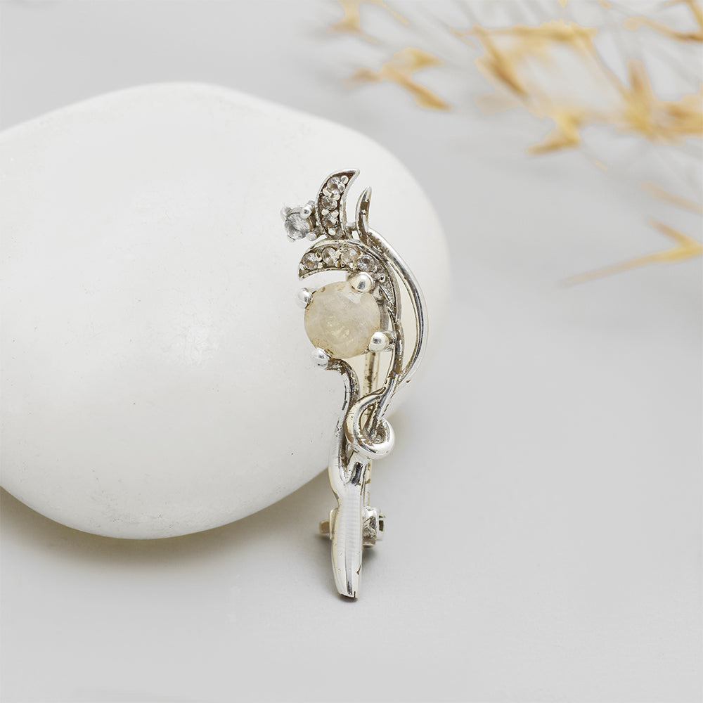 Alfinete de Prata com Pedra da Lua Arco-íris e Topázio Branco