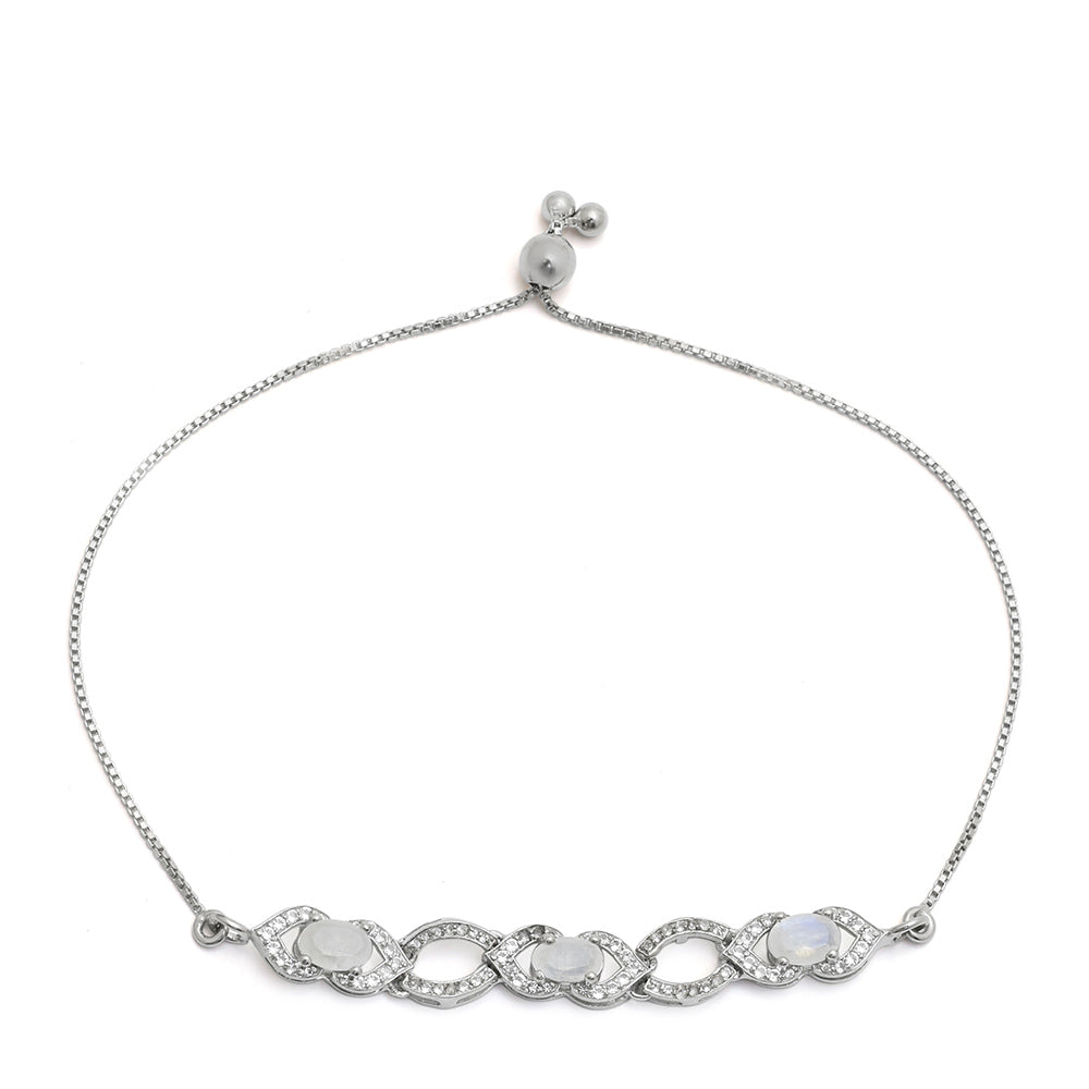 Pulseira de Prata com Pedra da Lua Arco-íris e Topázio Branco  Contraste: Cabeca de Veado (800)