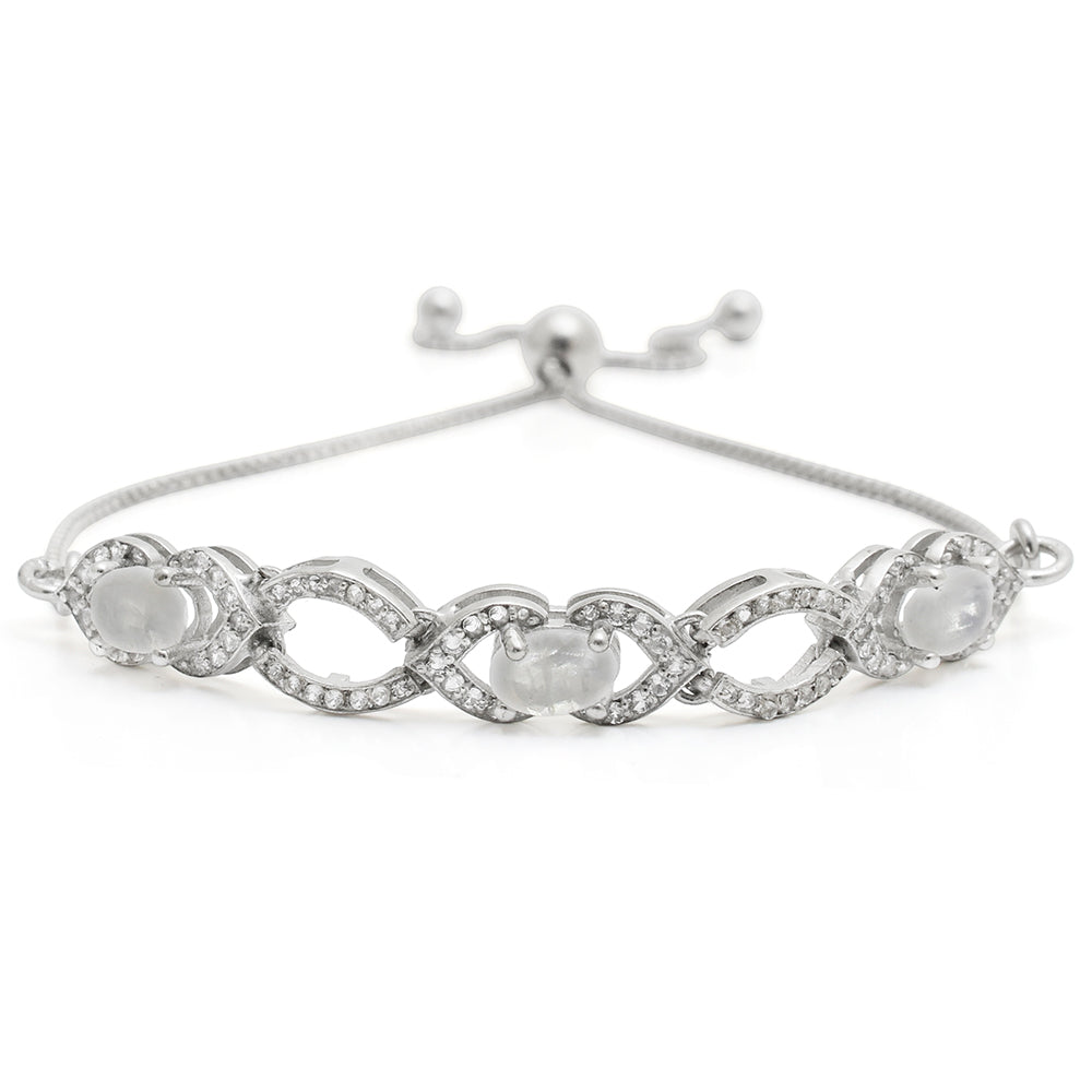 Pulseira de Prata com Pedra da Lua Arco-íris e Topázio Branco  Contraste: Cabeca de Veado (800)