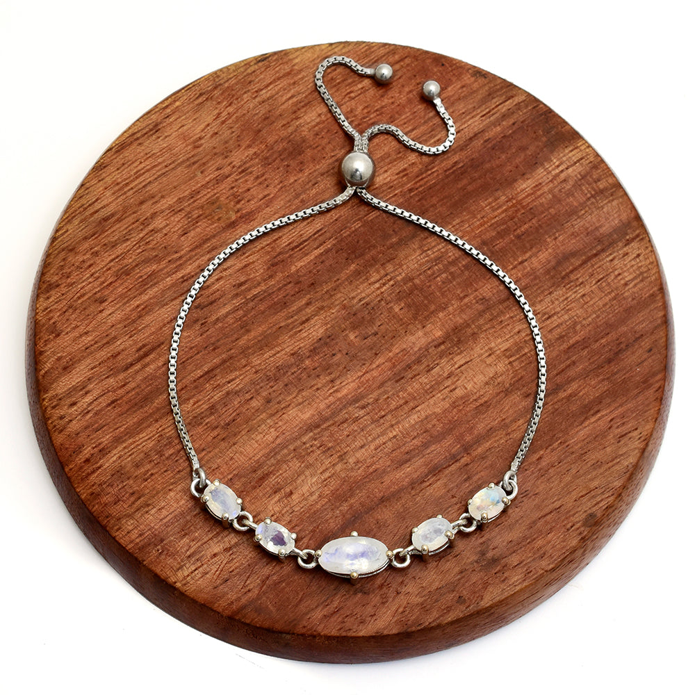 Pulseira de Prata com Pedra da Lua Arco-íris  Contraste: Cabeca de Veado (800)