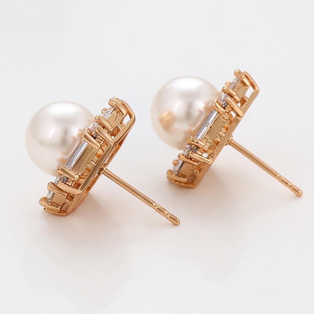 Brincos de Liga de Ouro com Pérola de Vidro e Cristal Emporia® Branco