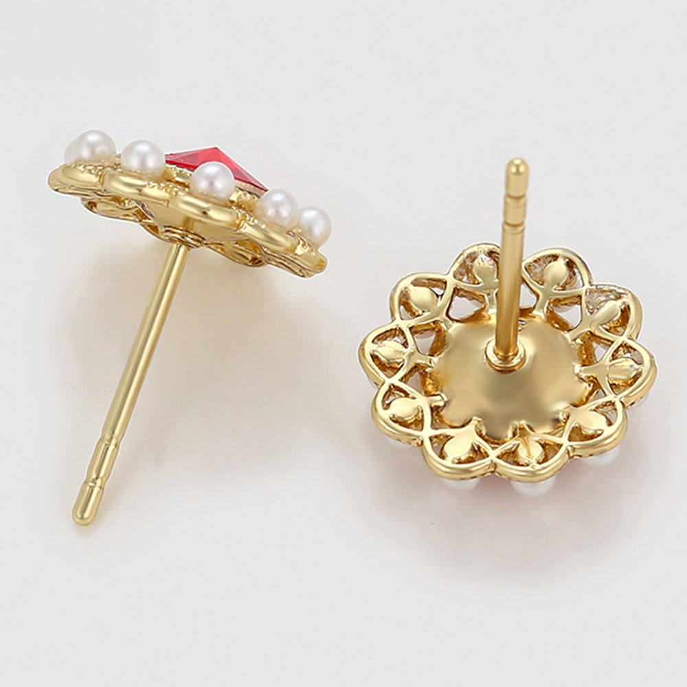 Brincos de Liga de Ouro com Pérola de Vidro e Cristal Emporia® Vermelho