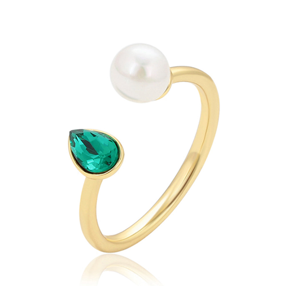 Anel de Liga de Ouro com Pérola de Vidro e Cristal Emporia® Verde