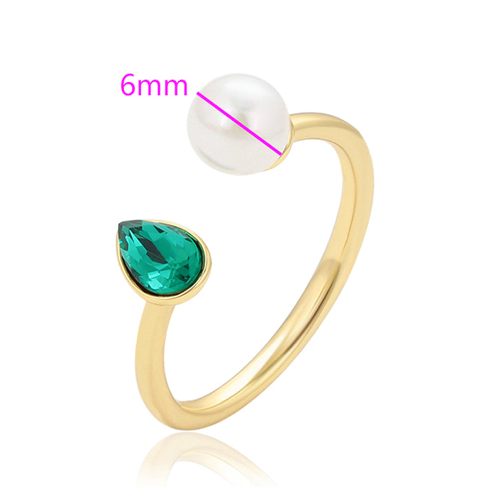 Anel de Liga de Ouro com Pérola de Vidro e Cristal Emporia® Verde 2 