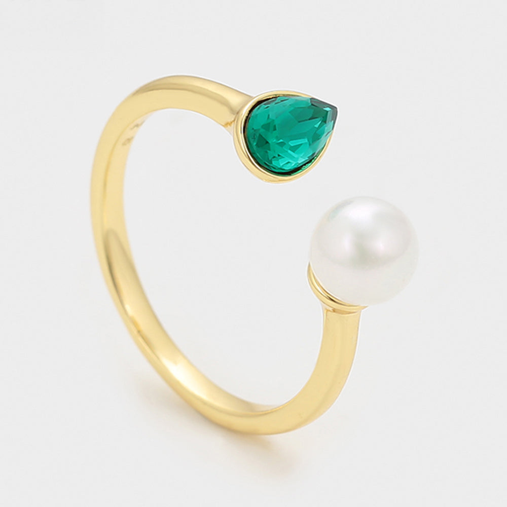 Anel de Liga de Ouro com Pérola de Vidro e Cristal Emporia® Verde