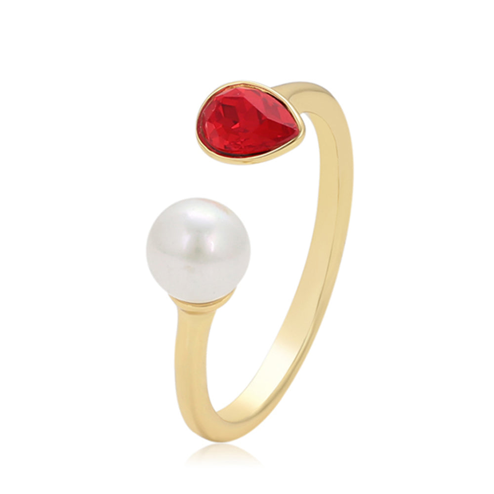 Anel de Liga de Ouro com Pérola de Vidro e Cristal Emporia® Vermelho