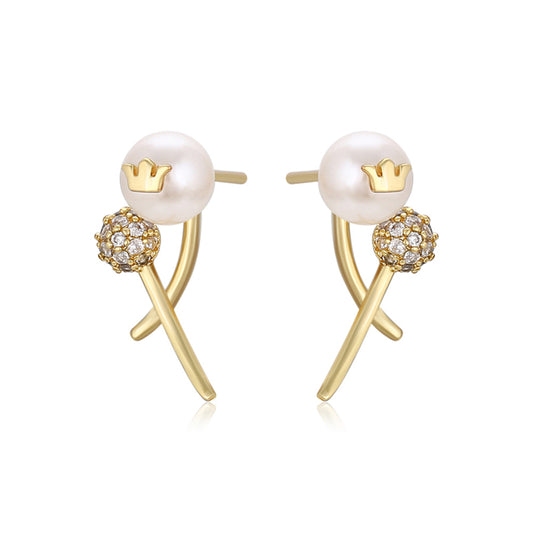 Brincos de Liga de Ouro com Pérola de Vidro e Cristal Emporia® Branco