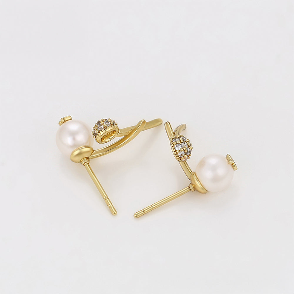 Brincos de Liga de Ouro com Pérola de Vidro e Cristal Emporia® Branco