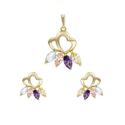 Conjunto de Liga de Ouro com Cristal Emporia® Roxo e Cristal Emporia® Branco ( Brincos+Pendente )